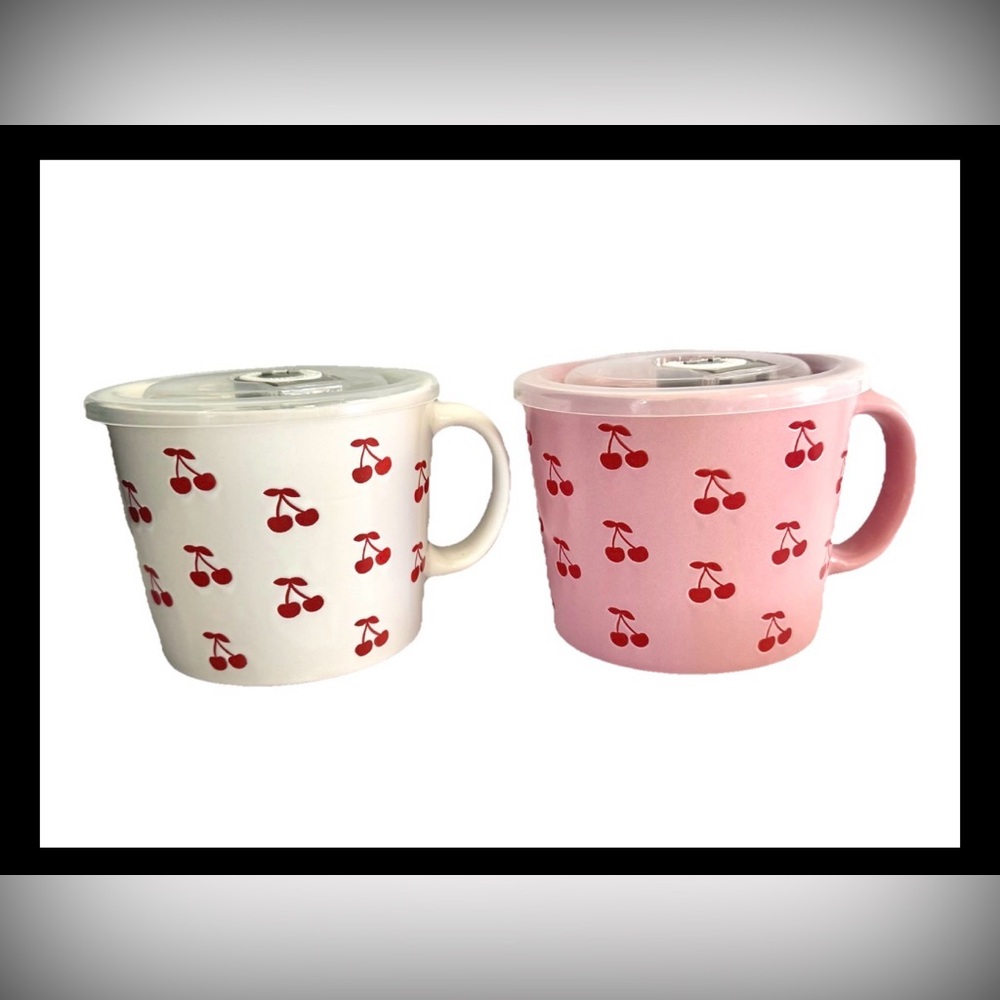 Set Of 2 Market Square Soup Mug With Lid Cherries Pink White Red New